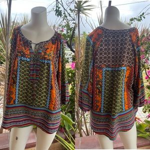 Fig & Flower Multi Print Pullover Boho Blouse LARGE